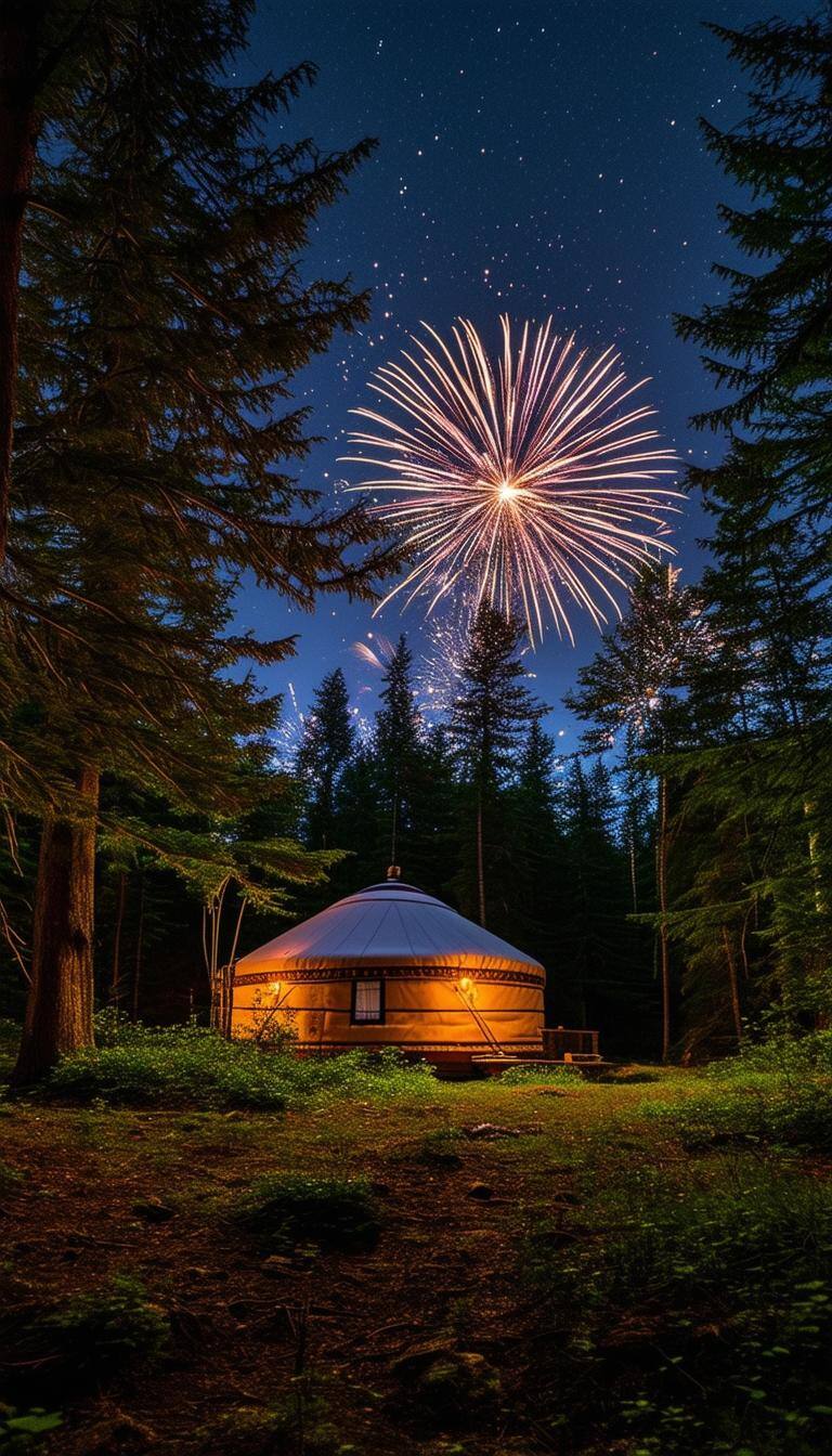 night time fireworks in the forest where a yurt sits in the distance behind some trees-2